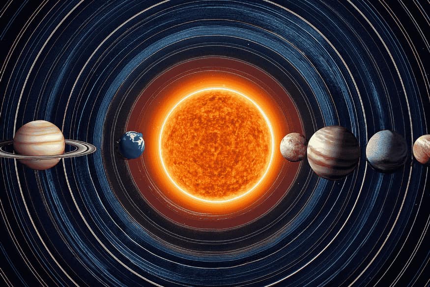 Ilustração do Sistema Solar com o Sol ao centro e planetas em órbita, representando a relação entre distância orbital e zona habitável na astronomia