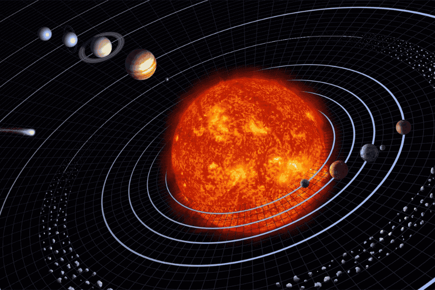 Diagrama do Sistema Solar com órbitas dos planetas ao redor do Sol, ilustrando como a posição orbital influencia a faixa da zona habitável