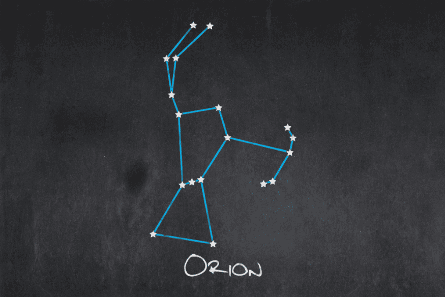 Desenho da constelação de Órion em quadro escuro, mostrando o aprendizado das constelações como parte importante da astronomia amadora visual