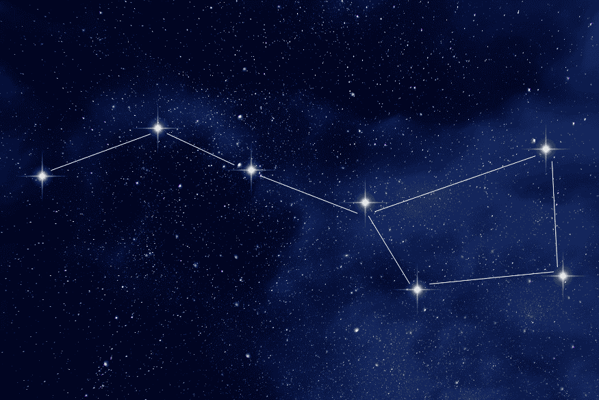 Desenho de constelação no céu estrelado, mostrando como reconhecer padrões estelares ajuda a usar red dot, buscadora ou sistema GoTo ao começar na astronomia