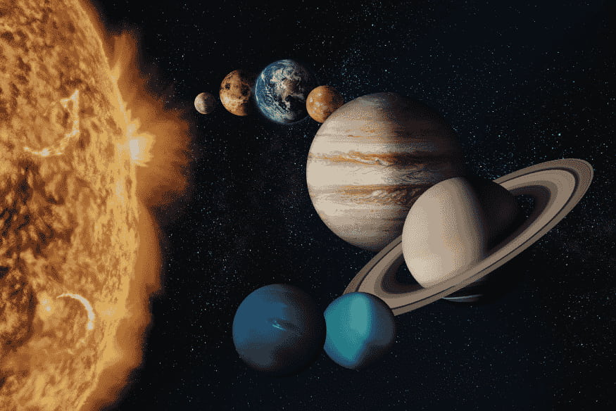 Sistema Solar com planetas em órbita ao redor do Sol explicando por que os planetas não caem